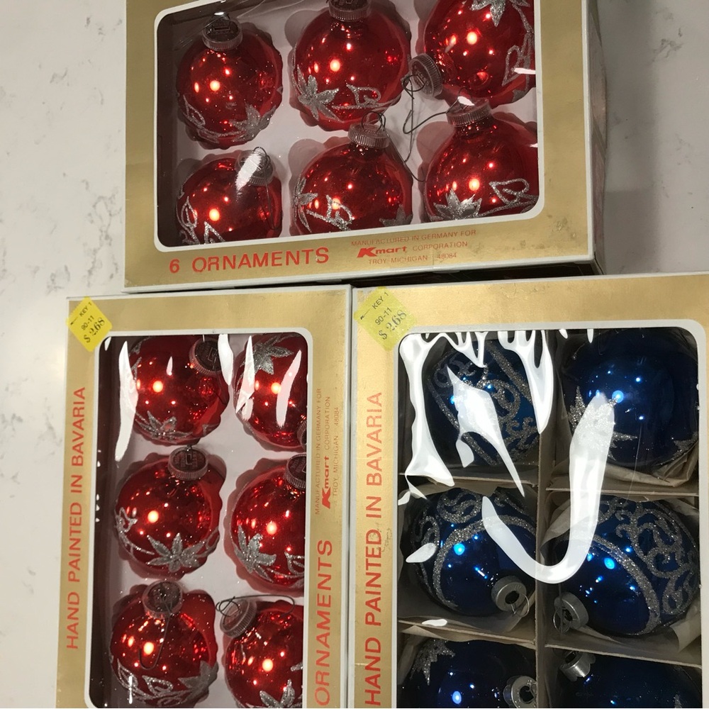 Vintage 3 Boxes Red and Blue Mercury Glass Christmas Ornaments